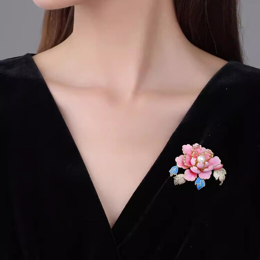 WEISHINI Chinese style dotted emerald peony brooch for women, national fashion classical pearl corsage, elegant and elegant pin, exquisite accessories dotted emerald blue peony B01-203