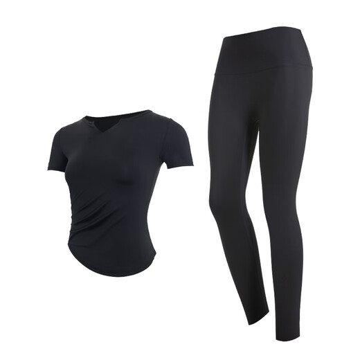 Fanstick Sports Suit Women's Spring and Summer Tights Running Fitness Wear Slimming Pilates Yoga Wear Black Short-Sleeved Two-piece Set M (Recommended 95-105 Jin Jin equals 0.5 kg)