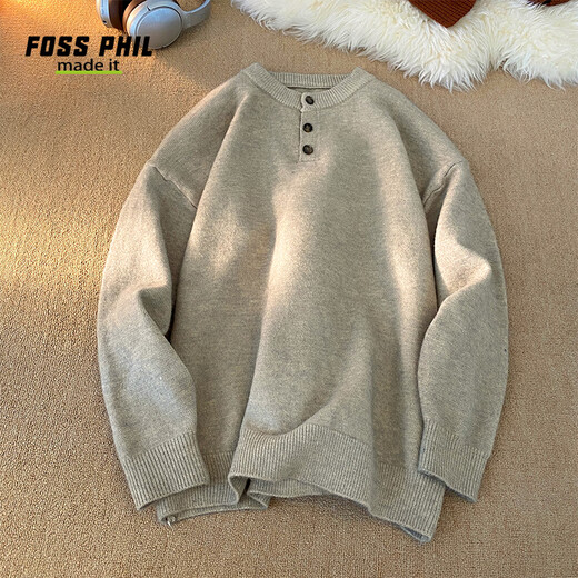 Foss Phil American solid color Henry collar sweater men's winter loose casual sweater top Q7142 black XL