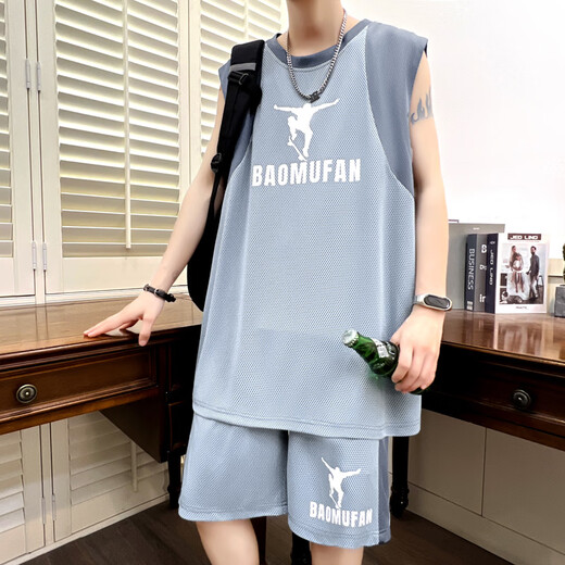 Pei Shiyans Sommer-Eis Silk-ärmellose T-Shirt Boy 12-15 Jahre alte Junior- und Senior High School-Schüler Big Children's Weste Basketball Uniform Sportanzug Trend 6636 Blue Weste + Shorts M 80-100jin [Jin gleich 0,5 kg]