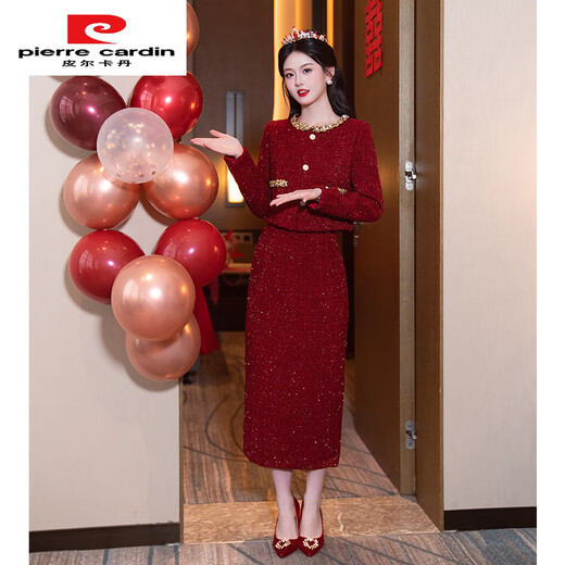Pierre Cardin (Pierre Cardin) small fragrant style jacket, engagement dress, wedding toast dress, bridal suit, red door-to-door dress, autumn and winter long sleeves, burgundy XS