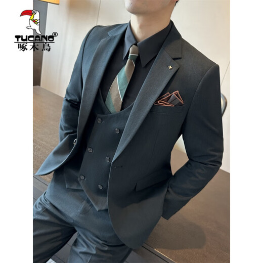 Woodpecker (TUCANO) 2025 Autumn High Quality Dark Green Suit Men's Suit Business Casual Formal British Style Groom Wedding Dress Black (suit + trousers) XL 52 (125-135Jin Jin equals 0.5kg)