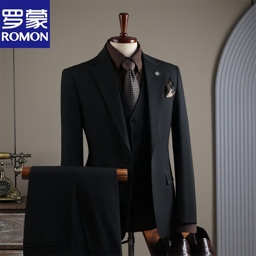 ROMON fashion striped suit suit men's business casual banquet wedding dress professional formal suit men's suit black (suit + trousers) XL 52 (125-138Jin Jin equals 0.5 kg)