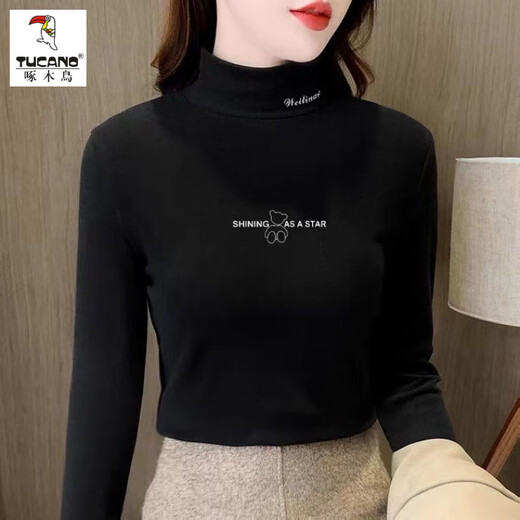 Woodpecker German velvet half-turtle collar bottoming shirt for women in autumn and winter slim fit warm plus velvet bear top new long-sleeved T-shirt Charming apricot thickened double-sided velvet L Recommended 105-120Jin Jin equals 0.5 kg
