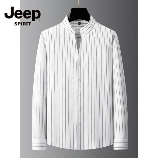 JEEP SPIRIT 2025 Spring and Autumn New Stand Collar Vertical Striped Shirt Men's Long Sleeve Business Casual Plus Fat Plus Size Henry Collar Shirt Black L