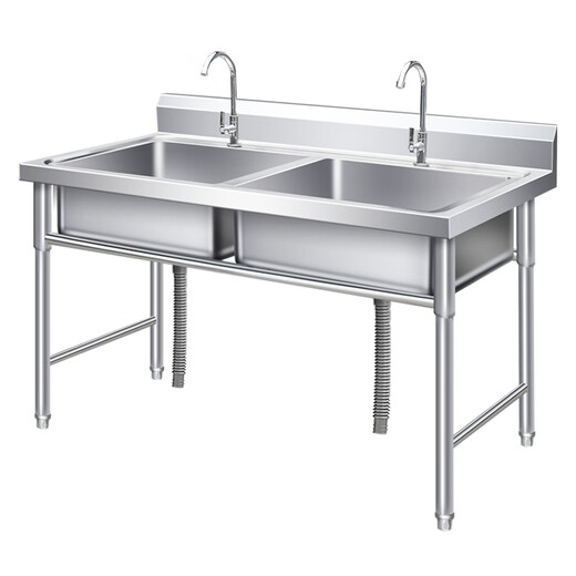 Stainless steel sink kitchen dishwashing basin with bracket sink vegetable sink single double three-slot commercial dishwashing sink household double pool length 100 width 50 height 80 0.6 thickness
