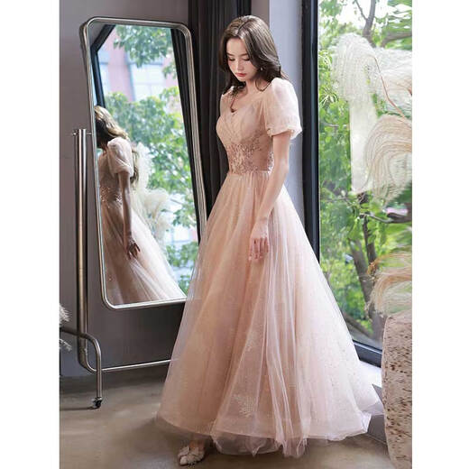 Seidler French evening dress 2025 new temperament light luxury niche high-end banquet host Bel Canto solo singer female light nude pink long style L (recommended 106-115 Jin Jin equals 0.5 kg)