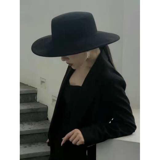 Pearl Diary设计师法式复古仿羊毛呢大檐礼帽女秋冬造型赫本风平顶 黑色10厘米帽檐礼帽 帽围(55-58)可调节