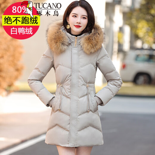 啄木鸟品牌羽绒服女冬装中长款2025年新款白鸭绒真毛领显瘦收腰冬季外套 红色MYX9226[真羽绒]真毛领 M  [合适80-95斤]（新年红红火火）