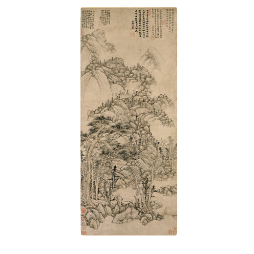 元黄公望丹崖玉树图古代山水画卷轴文人复仿古画挂画 元王蒙层峦耸翠图12176 60X140厘米（喷绘画心尺寸） 宣
