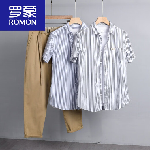 罗蒙（ROMON）男士条纹短袖衬衫日系宽松薄款上衣夏季休闲衣服潮流百搭衬衣 9738款 浅蓝条纹 M 95斤左右