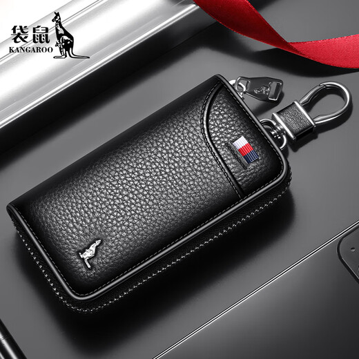 Kangaroo Key Bag Men's Genuine Leather Storage Key Clip 2024 New Waist Hanging Cowhide Car Key Bag Versatile Trendy Black