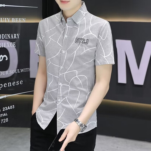 唐号夏季衬衫男短袖印花休闲帅气韩版修身潮流百搭男装衬衣半袖衬衫男 826蓝色 3XL