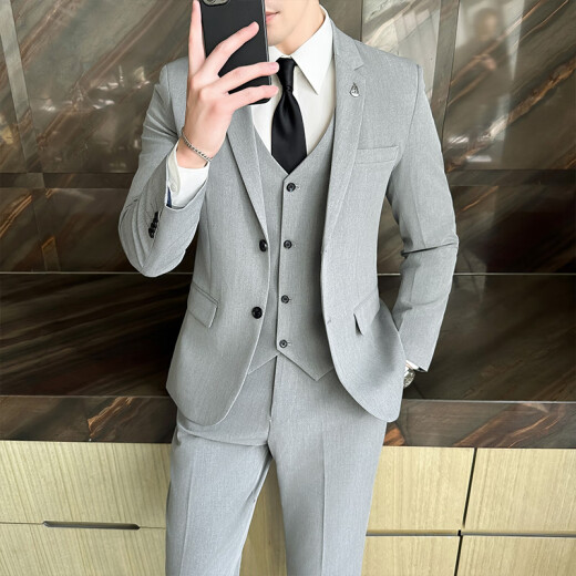Yi style three-piece suit men's suit suit Korean style business formal three-piece suit wedding groomsmen graduation dress casual black [suit + shirt + shirt] belt M