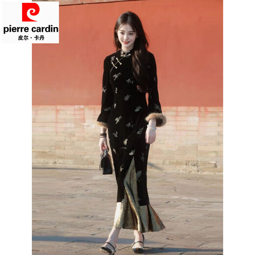 Pierre Cardin (Pierre Cardin) Retro New Chinese Style National Style Black Cheongsam Bronzing Velvet Slim Dress 2025 Autumn and Winter High-end Black M