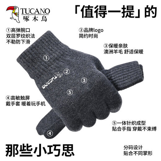Woodpecker (TUCANO) wool gloves men's autumn and winter outdoor fashion touch screen cold-proof and warm thickened cycling and driving knitted wool gloves