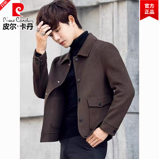 Pierre Cardin wool short coat men's coat autumn and winter woolen jacket thickened lapel British style double-sided velvet jacket coffee color high quality M recommended 90-110Jin Jin equals 0.5 kg