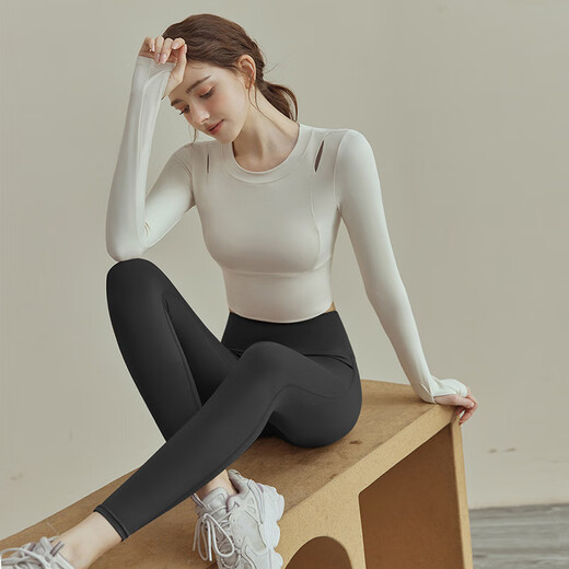 LULUUVTTOH yoga clothing suit for women 2025 new professional training Pilates fitness long-sleeved sports running top tights apricot top fixed cup breast pad M