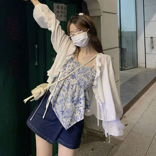 Kaiji Rui Pure Three-Up Women's 2024 Summer Floral Sling White Open Shirt + Denim A-line Skirt Trendy 682# Single Sling L [-110Jin[Jin equals 0.5 kg]]