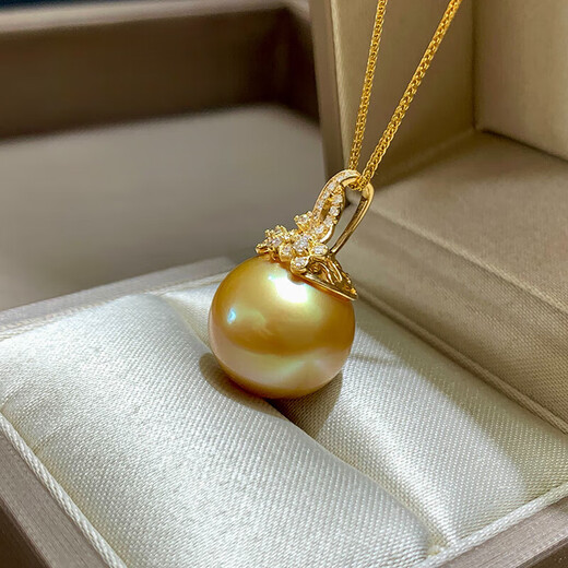 BuhesytDRJEFUN freshwater pearl natural thick gold South Sea gold bead pendant round strong light 18K gold inlaid diamond necklace 12-13mm