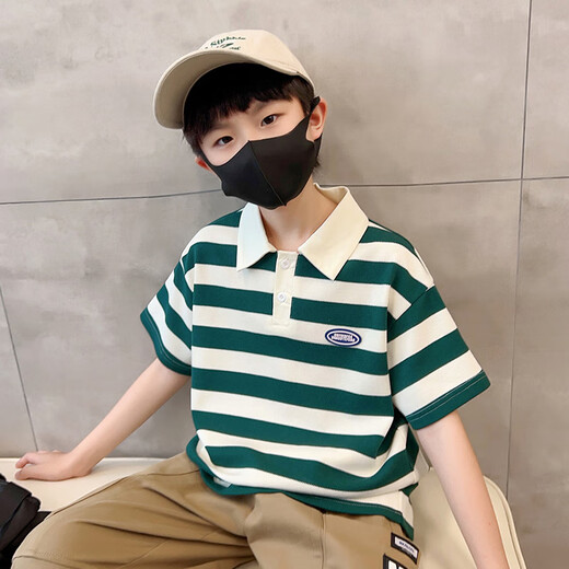 McTicco男童夏装套装新款儿童夏季运动polo短袖裤子时髦帅气大童男孩 9850条纹+5730深灰色套装 160