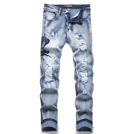 Moring Bull New High Street AM Trendy Jeans Herren zerrissener Cobra Sticker Leder Patch Elastizität Slim Black Black 3523 29