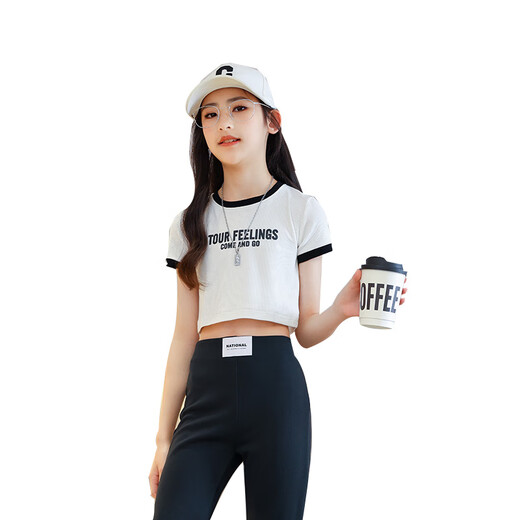 小猪彼特女童T恤短款修身夏季薄款嘻哈儿童短袖大童半袖夏装个性女孩上衣 9961白色+9889白色 120 cm