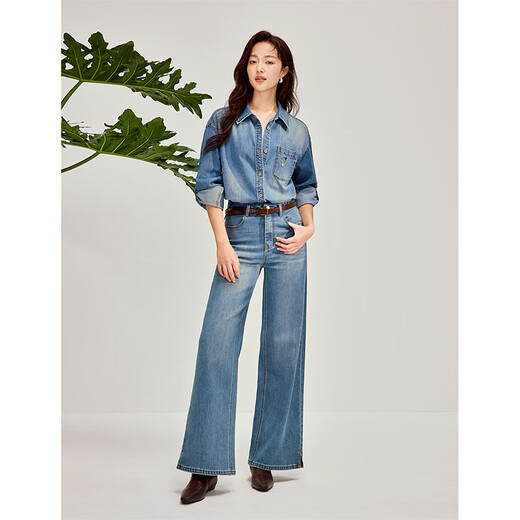 INMAN retro washed embroidered denim shirt 2026 spring women's new loose long-sleeved shirt top denim blue M