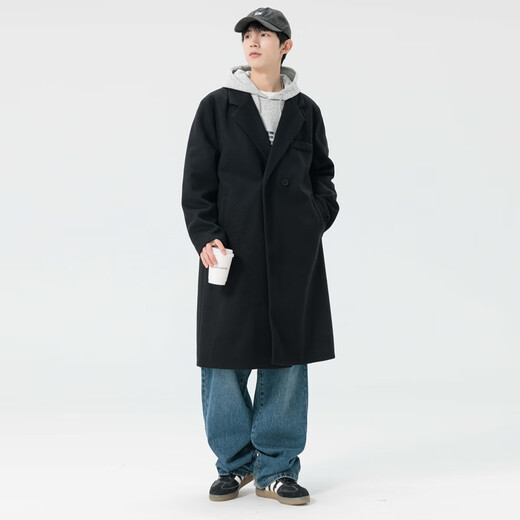 Dingfengbaoluo Woolen Coat Jacket Men's Spring Mid-Length Korean Style Premium Loose Over-the-Knee Woolen Windbreaker HT88 Black 2XL
