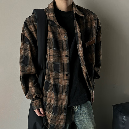 Homlean American retro plaid shirt men's spring and summer Hong Kong style loose casual long-sleeved shirt jacket HL09 coffee plaid 2XL