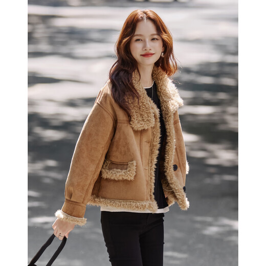 Shangjing Fashion Retro Contrast Color Lapel Short Jacket Women's 2025 Winter New Big Fur Collar Casual Thickened Warm Short Jacket Khaki L