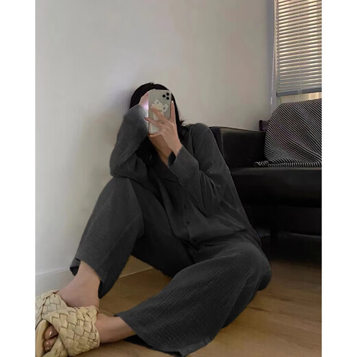朵弦DUOXUAN居韩版感棉纱睡衣女春秋季色长袖长裤休闲宽松家居服套装 #d-9207t款 M 75-98斤