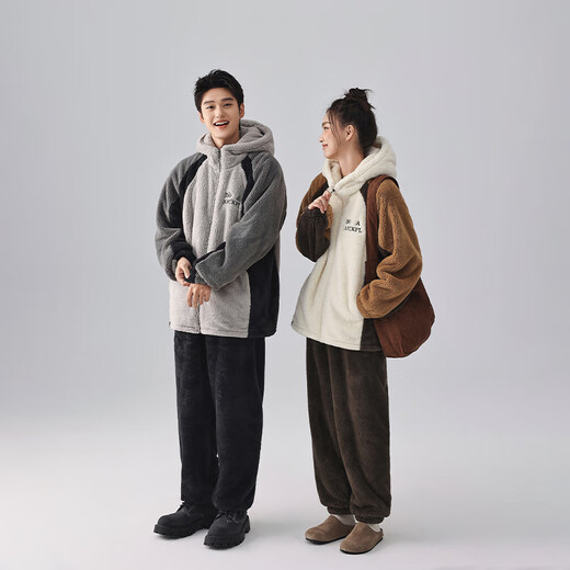 Kissing Cat Soft Velvet Hooded Wide Couple Pajamas Women's Autumn and Winter Warm Thickened Men's Suit Home Clothes 4705 Golden Brown Women's M