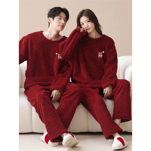 Yalu Coral Velvet Burgundy Pajamas Wedding Newlywed Couple Suit One Man and One Woman Festive Wedding Birth Year Home Clothing CY9705# M Women's Style