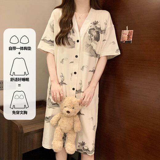 Hong Kong Lianya Nightgown avec coussinet mammaire pour les femmes pour l'été à manches courtes à manches minces de pyjamas pour femmes peinture à l'encre de grande taille pour les vêtements pour la maison pour usager 5155 fleurs vertes avec coussinet xl x