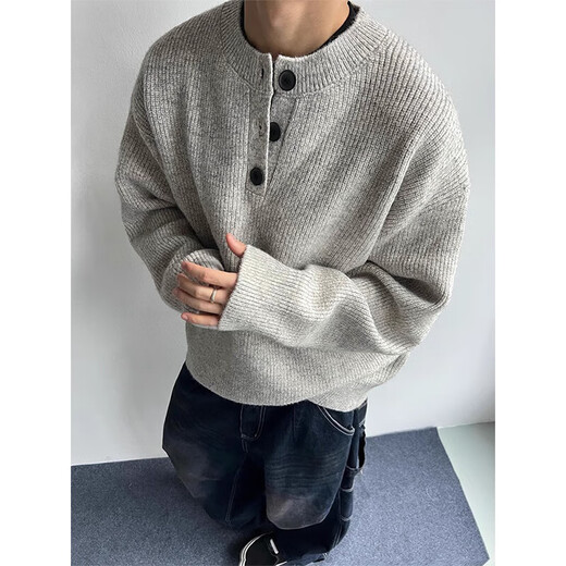 POUM Henry collar sweater men's autumn and winter trendy high street sweater tops American sweater jacket LJWP-MY338 Gray XL