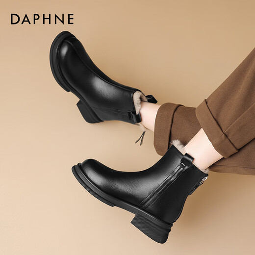 DAPHNE Daphne short boots women's fashion boots warm plus velvet winter fur boots 2025 new versatile ankle boots thin boots thick velvet black 37 standard size