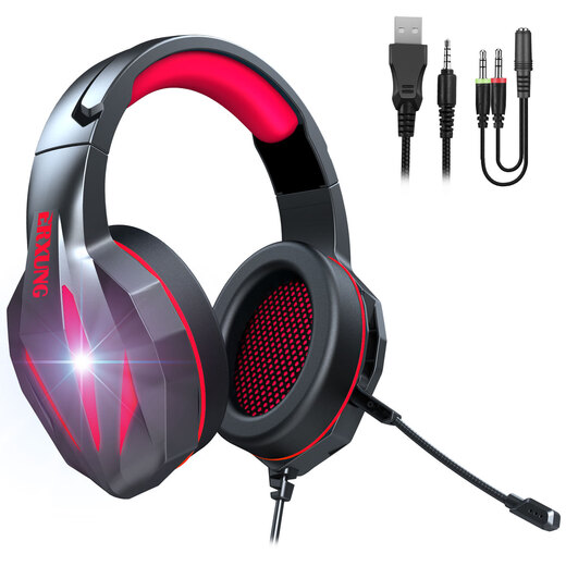 ERXUNG head-mounted gaming headset wired gaming luminous computer headset with microphone J5 black red + adapter cable