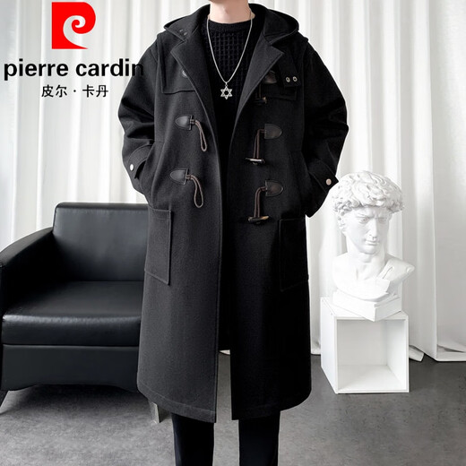 皮尔卡丹（pierre cardin）牛角扣毛呢大衣男款冬季2024新款连帽披风中长款呢子风衣外套潮流 咖啡色 XL