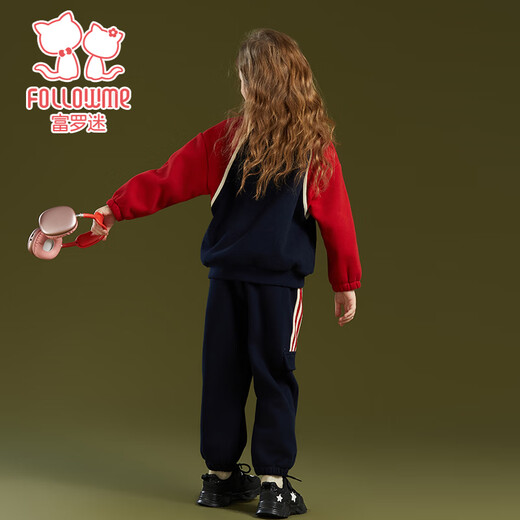 Fuluo Mi Girls' Winter Thickened Warm Sports Sweatshirt and Pants Two-piece Set Children's Winter Clothes Red/Navy Blue 140