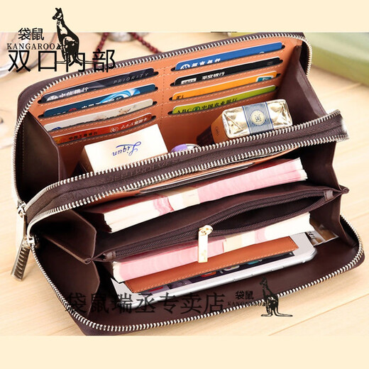 Kangaroo men's wallet long handbag men's mobile phone bag: hand grab bag men's multi-card zipper long bag double-mouth brown (with hand rope) jd