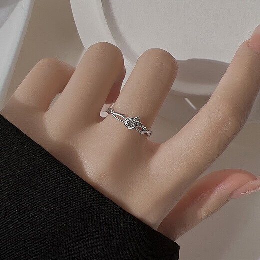 BXES925 sterling silver rose ring female niche bestie index finger ring light luxury ring open ring tail ring cross rose ring anti-oxidation sealed bag