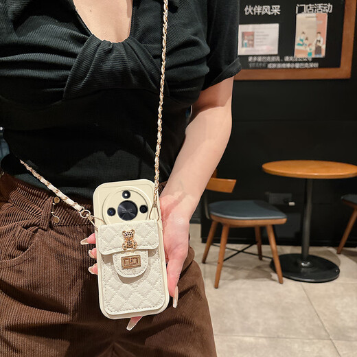 罗璐鸥荣耀X60手机壳斜挎挂绳外壳荣耀X60Pro链条背带硅胶BRC-AN00保护套斜跨零钱卡包防摔全包软壳女款 【白色-菱格小熊卡包款】+斜挎挂绳+屏幕保护膜 荣耀X60 Pro
