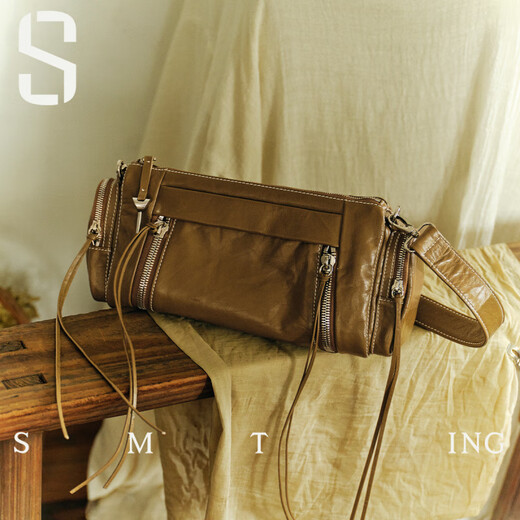 Simutin cowhide Boston bag women's niche design pillow bag textured shoulder crossbody bag soft leather withered bamboo brown