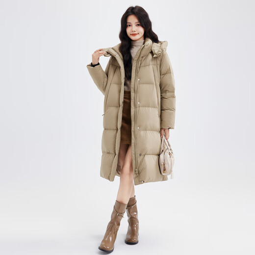 Xue Zhongfei's new versatile and fashionable soft puff mid-length women's down jacket is warm and cold-proof, fashionable and skin-friendly, khaki color|7101 S 160/84A