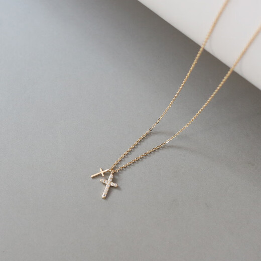 Xuecong Korean pure 14K necklace simple mini inlaid zircon cross pendant slim mini K gold clavicle chain necklace 14K gold