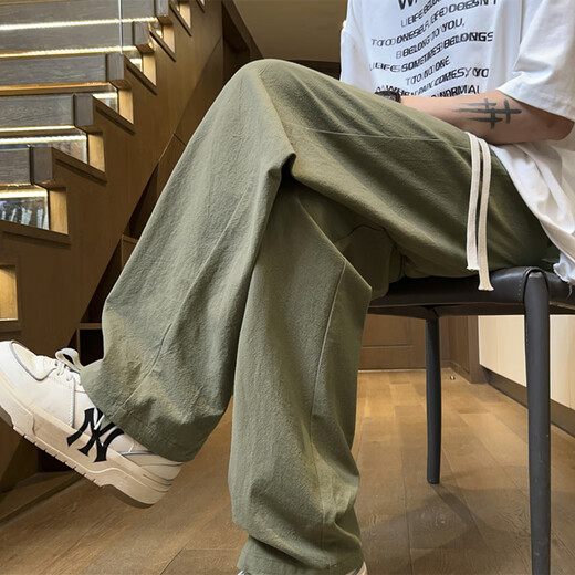 NEW OR MODE亚麻裤子男夏季薄款速干垂坠感青少年棉麻休闲长裤潮牌高街直筒裤 米白色 XL