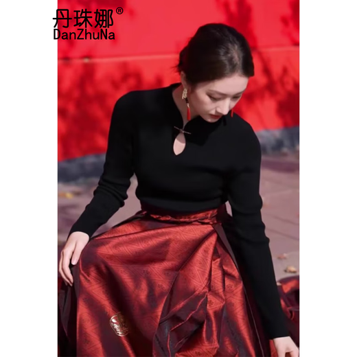 丹珠娜（DanZhuNa）红色马面裙全套2024过年龙年新中式连衣裙女装敬酒服订婚礼服套装 2679黑色上衣+红色马面裙 L
