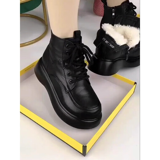 Off-code genuine leather snow boots for women 2025 thick velvet cotton shoes fashionable wedge heel thick-soled short boots black (white wool thick cotton) 38