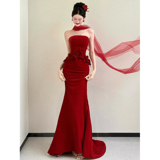 Vimadtly toast dress bridal style light luxury niche tube top wedding return engagement party red fishtail evening dress for women burgundy L